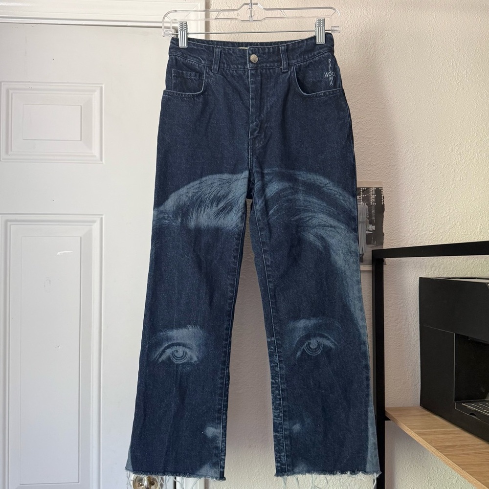 PALOMA WOOL‎ medium dark wash denim cotton raw cropped straight leg graphic face
